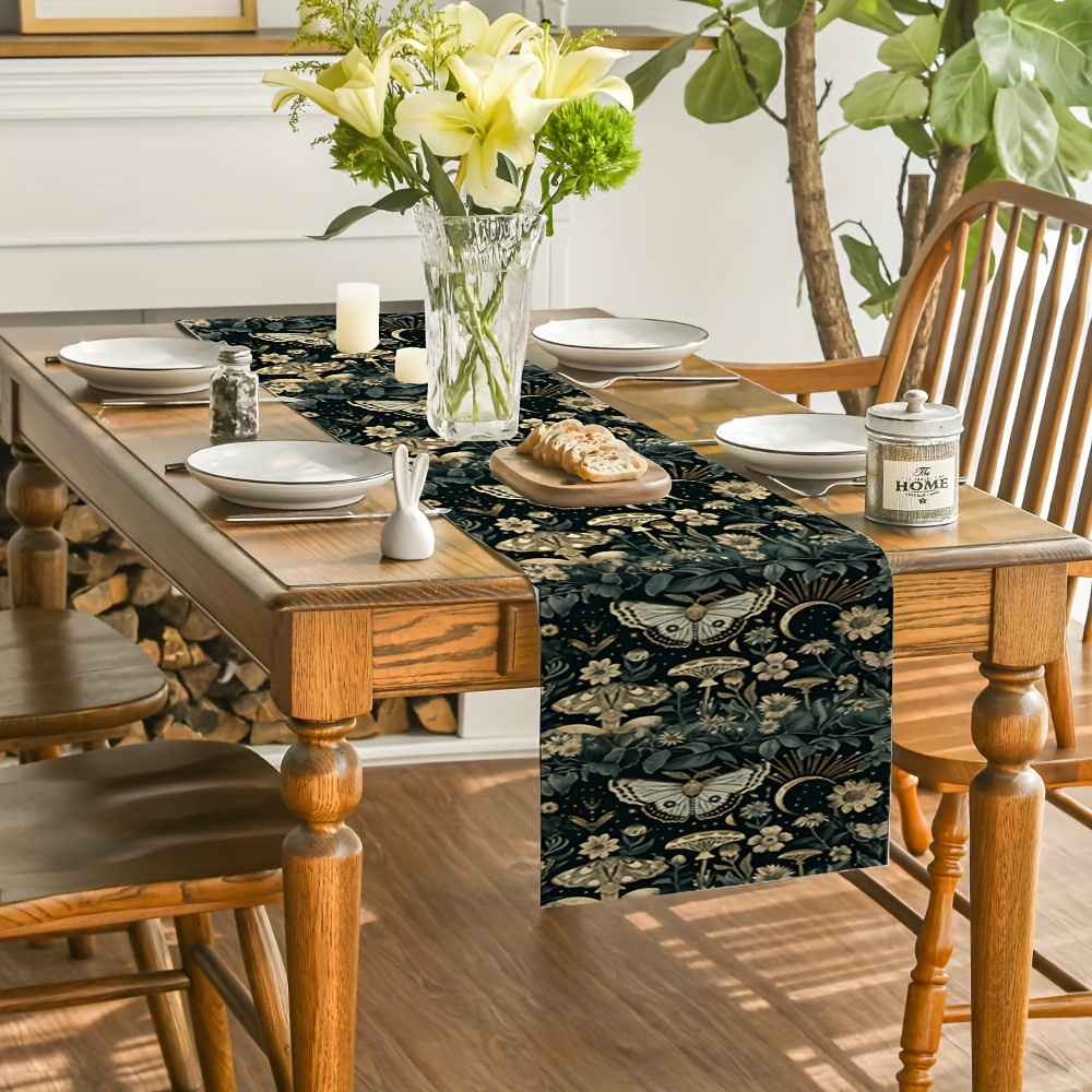 Witchy Table Runner With Moth Moon Mushroom Dining Decor 3