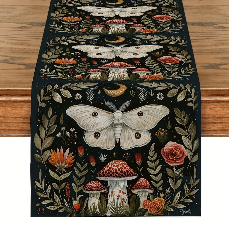Witchy Table Runner With Moth Moon Mushroom Dining Decor 7