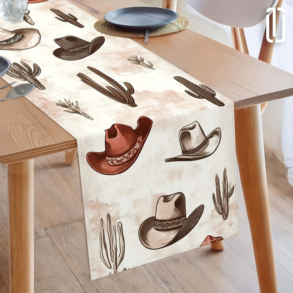 Western Cowboy Hat and Cactus Table Runner for Rustic Dining Decor
