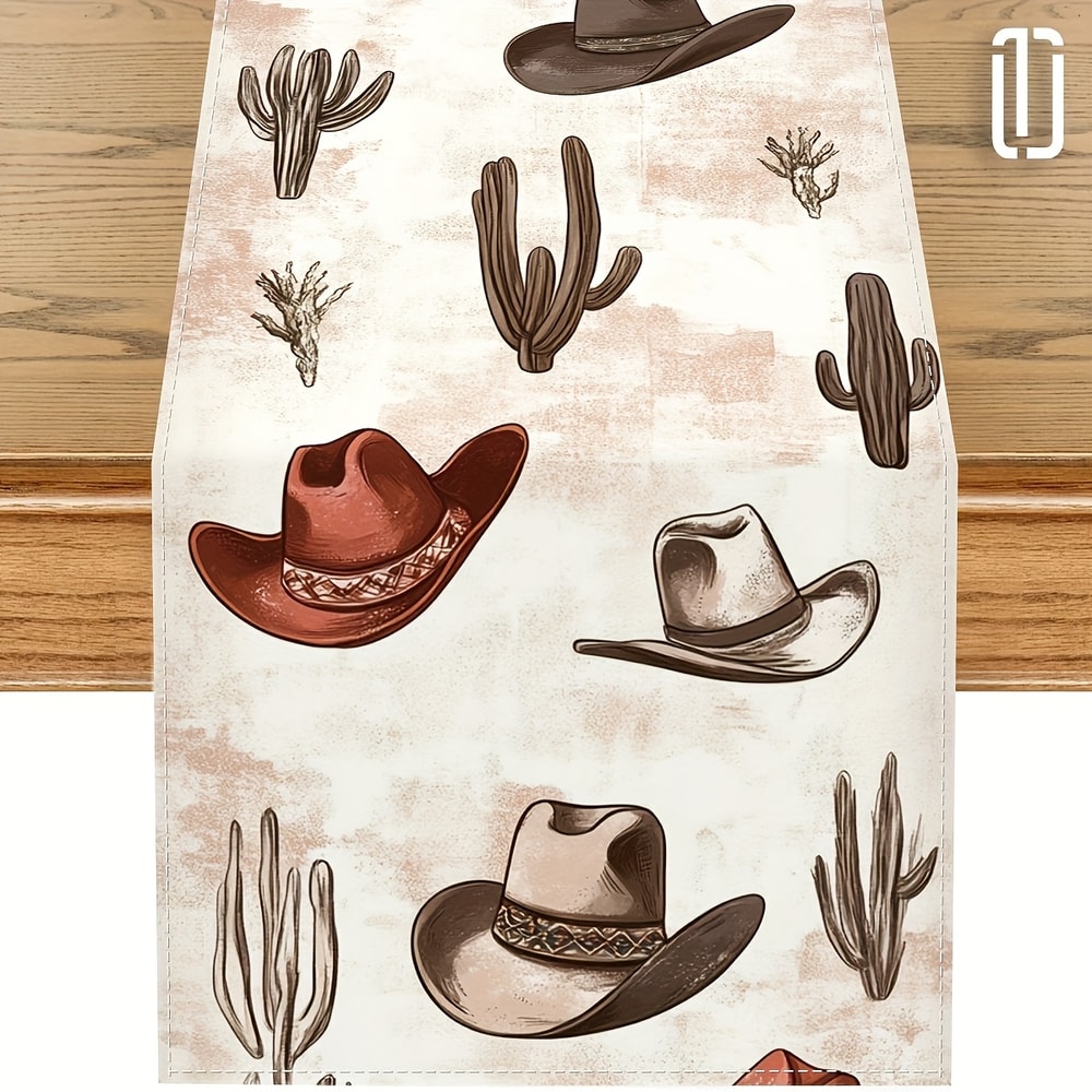 Western Cowboy Hat and Cactus Table Runner for Rustic Dining Decor