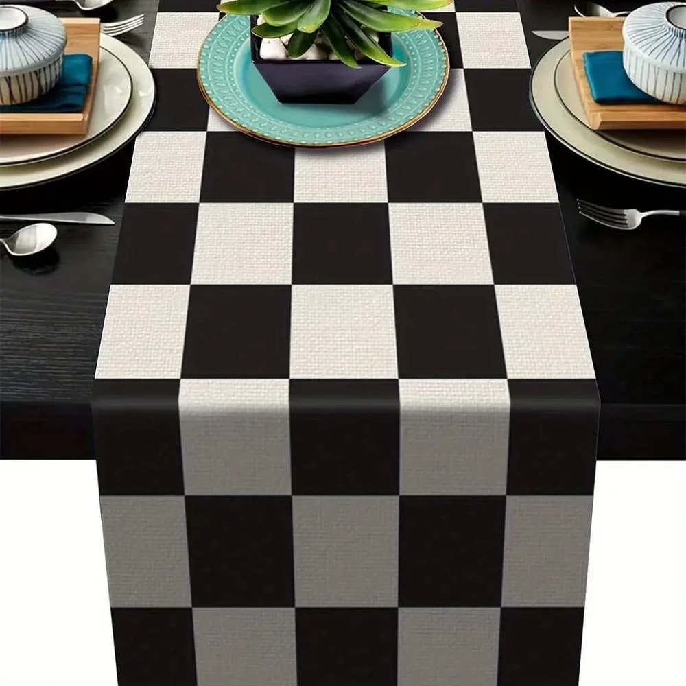 Modern Black And White Geometric Linen Table Runner For Dining Decor 0