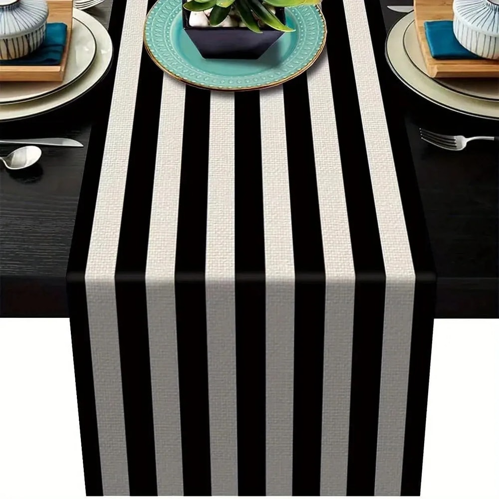 Modern Black And White Geometric Linen Table Runner For Dining Decor 1