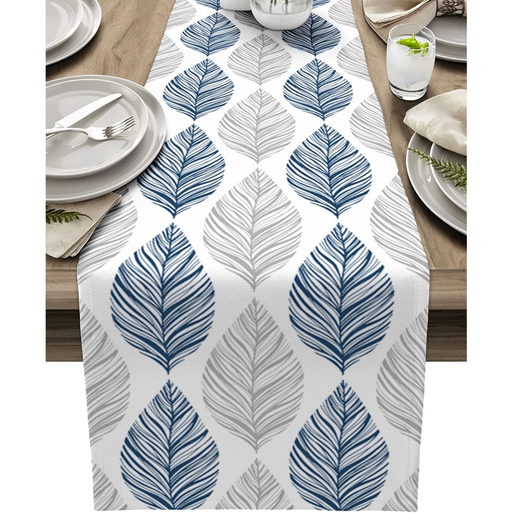 Navy Blue Grey Leaf Linen Table Runner for Dining Table Decor
