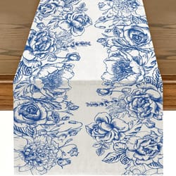 blue and white porcelain linen table runner for dining table decor