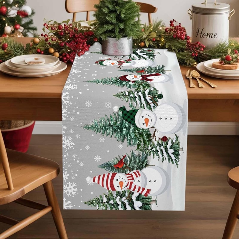 Christmas Snowman Linen Table Runner for Festive Winter Dining Decor