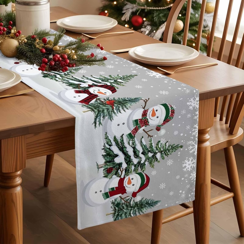 Christmas Snowman Linen Table Runner for Festive Winter Dining Decor