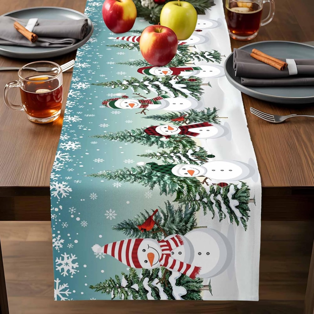 Christmas Snowman Linen Table Runner for Festive Winter Dining Decor