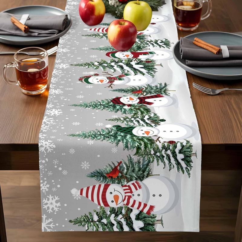 Christmas Snowman Linen Table Runner for Festive Winter Dining Decor