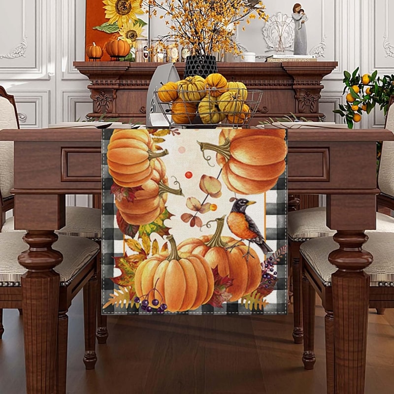 Buffalo Plaid Fall Table Runner with Pumpkin Leaves for Thanksgiving Dining Decor