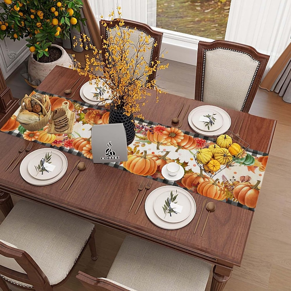 Buffalo Plaid Fall Table Runner with Pumpkin Leaves for Thanksgiving Dining Decor