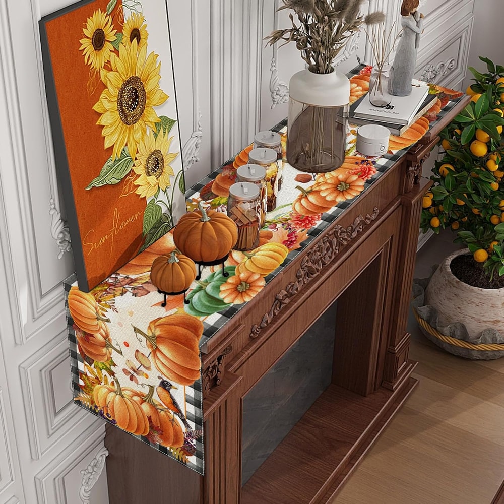 Buffalo Plaid Fall Table Runner with Pumpkin Leaves for Thanksgiving Dining Decor