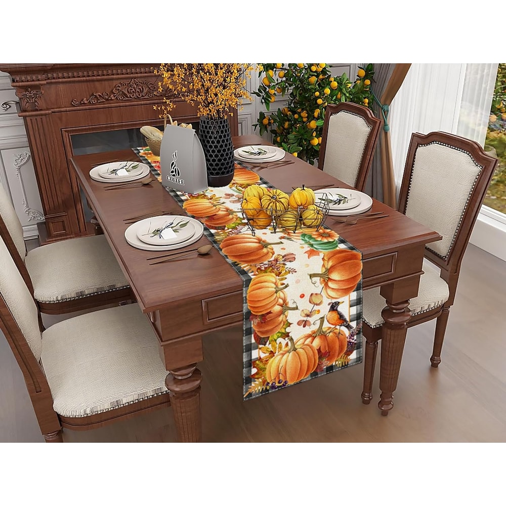 Buffalo Plaid Fall Table Runner with Pumpkin Leaves for Thanksgiving Dining Decor