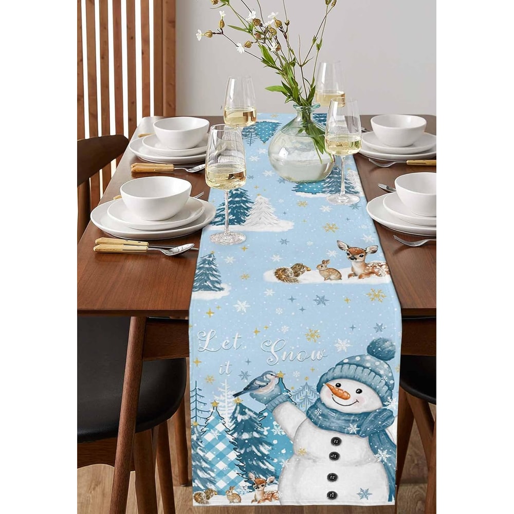 Snowman Christmas Table Runner Linen Winter Dining Decor