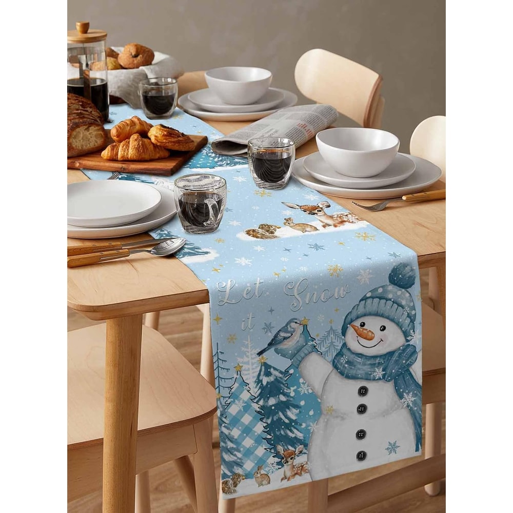 Snowman Christmas Table Runner Linen Winter Dining Decor