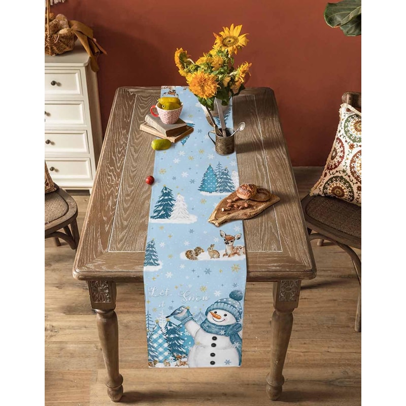 Snowman Christmas Table Runner Linen Winter Dining Decor