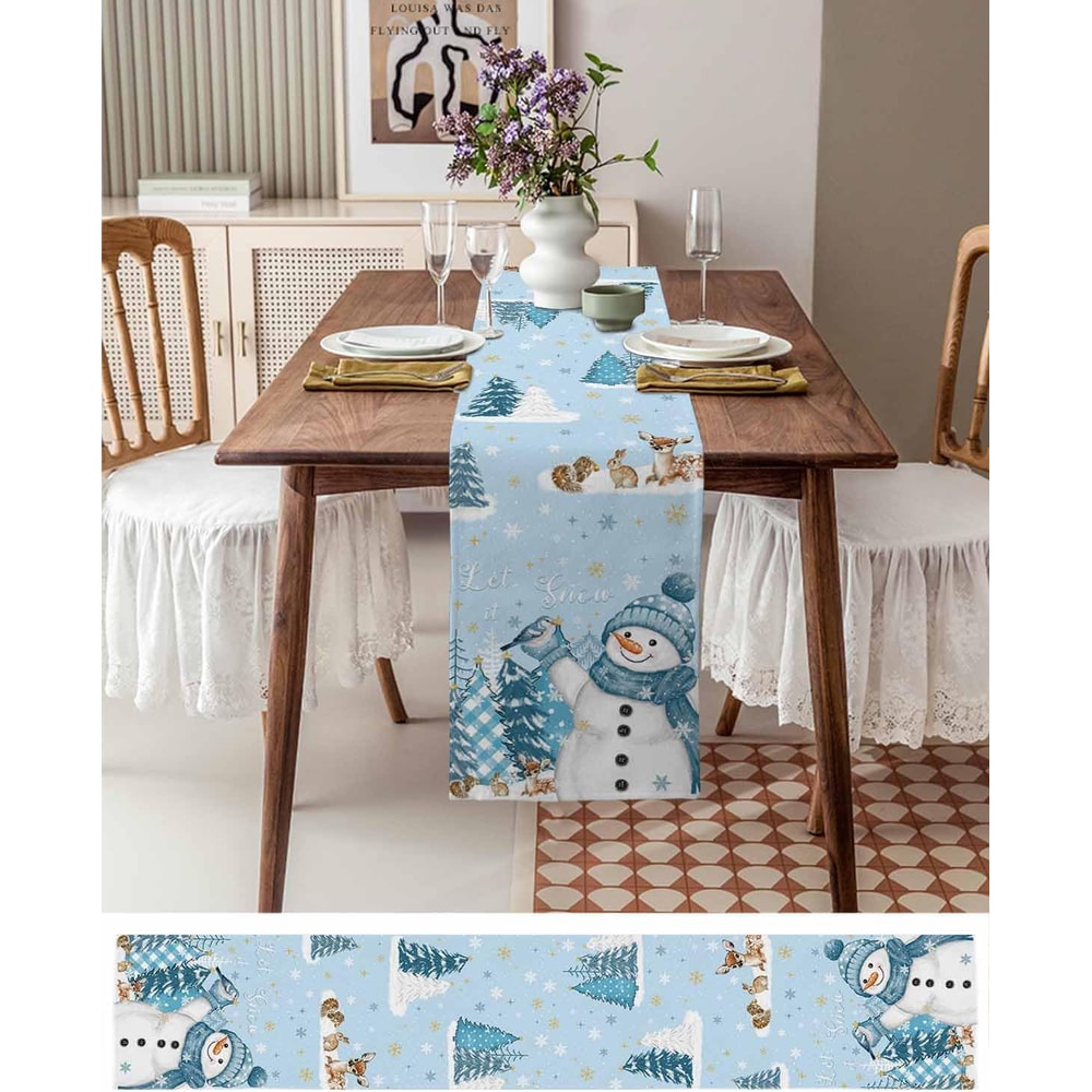 Snowman Christmas Table Runner Linen Winter Dining Decor