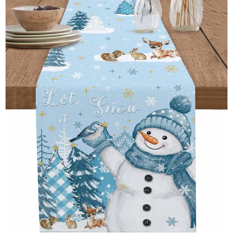 Snowman Christmas Table Runner Linen Winter Dining Decor