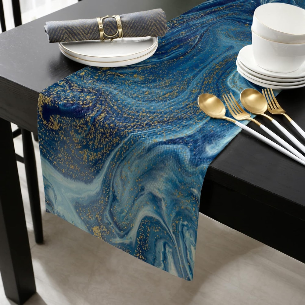 Blue Gold Marble Agate Linen Table Runner For Dining Tables And Dressers 1