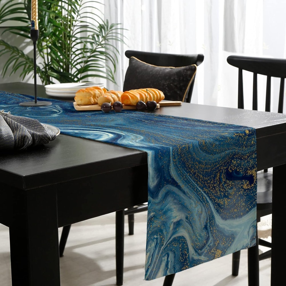 Blue Gold Marble Agate Linen Table Runner For Dining Tables And Dressers 2