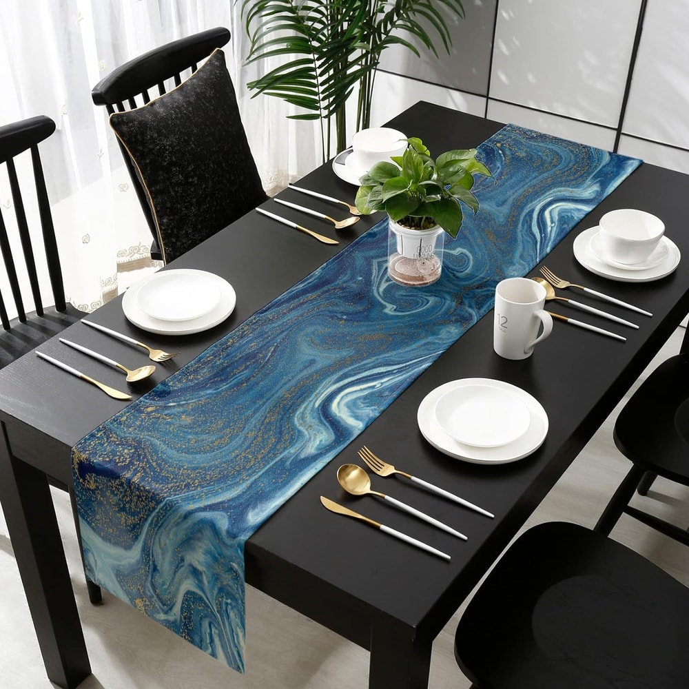 Blue Gold Marble Agate Linen Table Runner For Dining Tables And Dressers 3