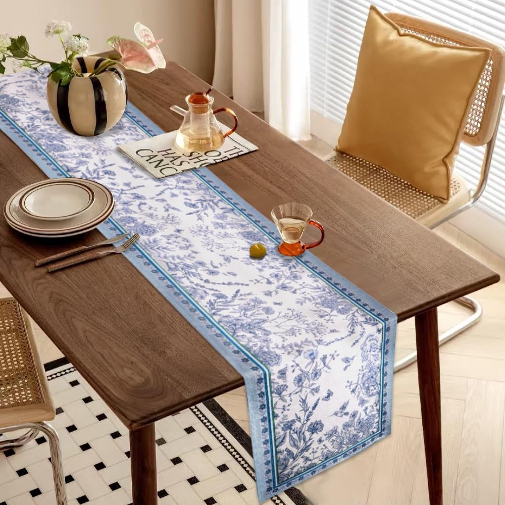 Spring Bird And Floral Linen Table Runner For Kitchen Dining Decor 1