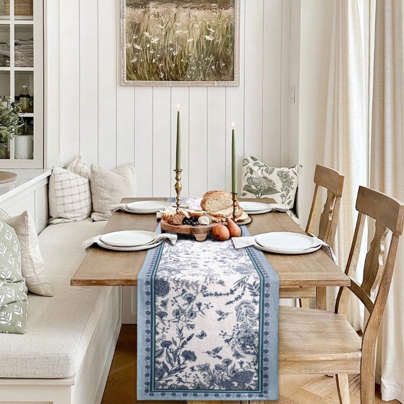Spring Bird And Floral Linen Table Runner For Kitchen Dining Decor 2