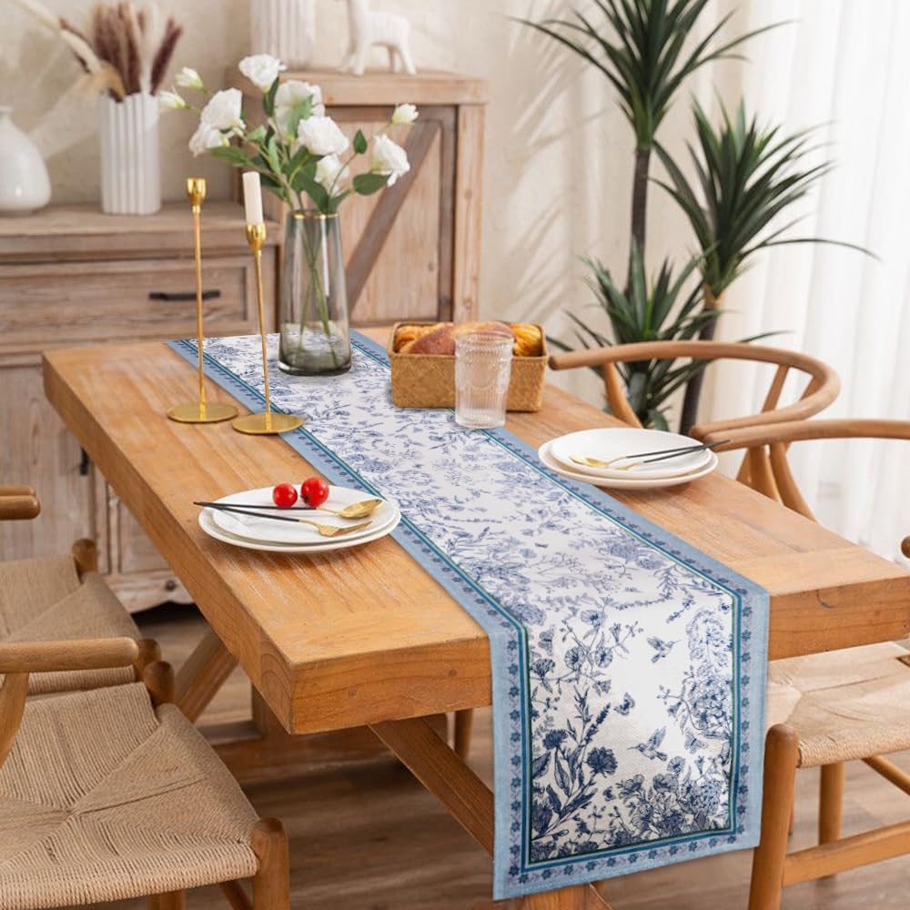 Spring Bird And Floral Linen Table Runner For Kitchen Dining Decor 3