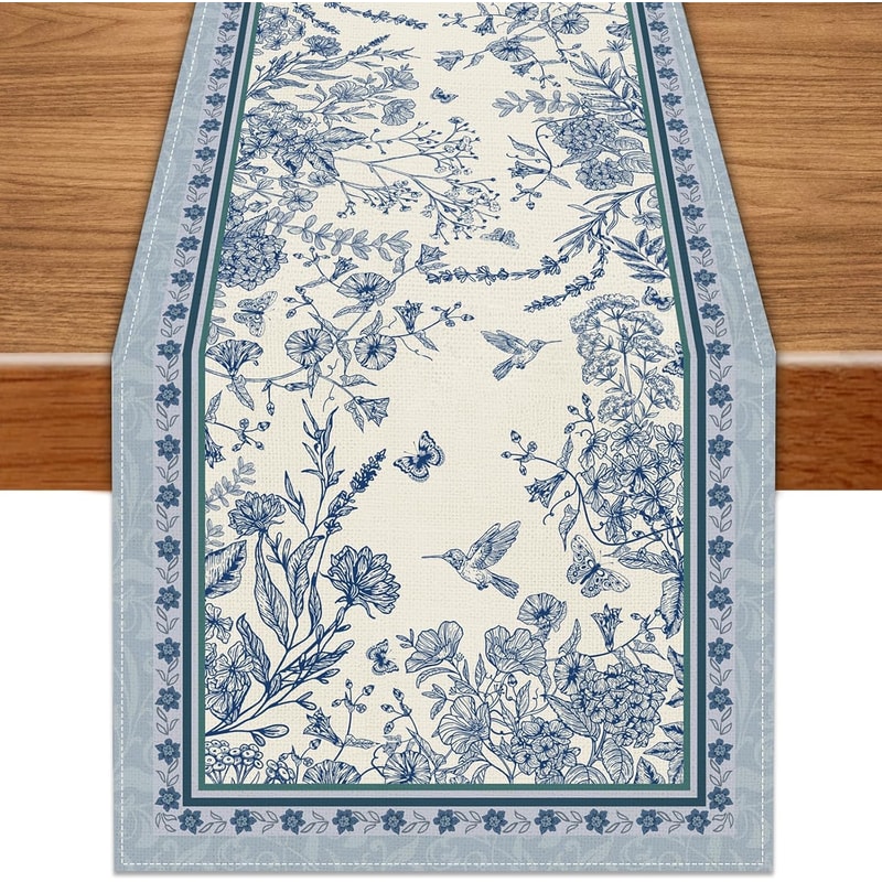 Spring Bird And Floral Linen Table Runner For Kitchen Dining Decor 5