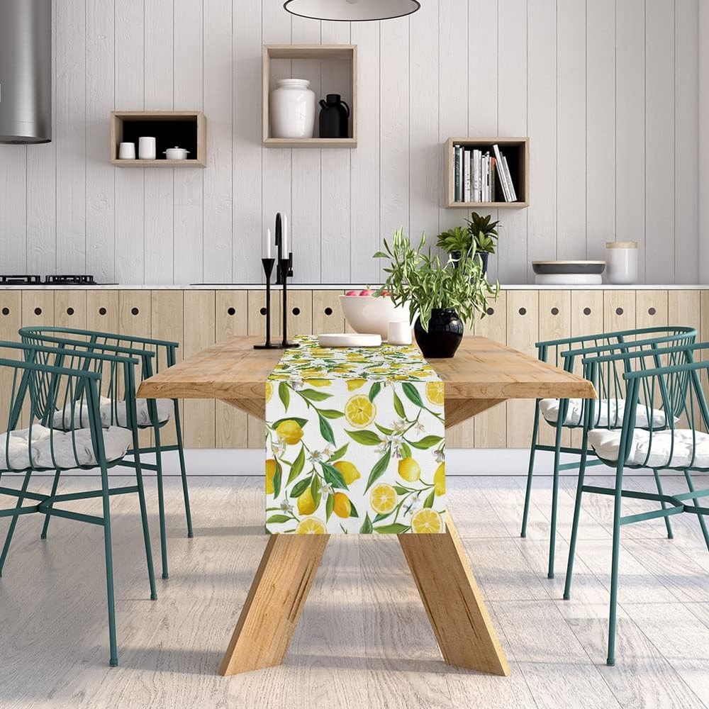 Summer Lemon Floral Linen Table Runner For Kitchen Dining Decor 4