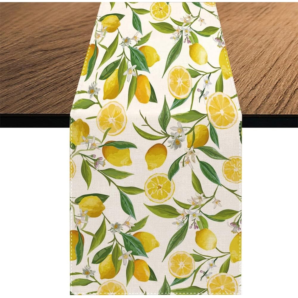 Summer Lemon Floral Linen Table Runner For Kitchen Dining Decor 5