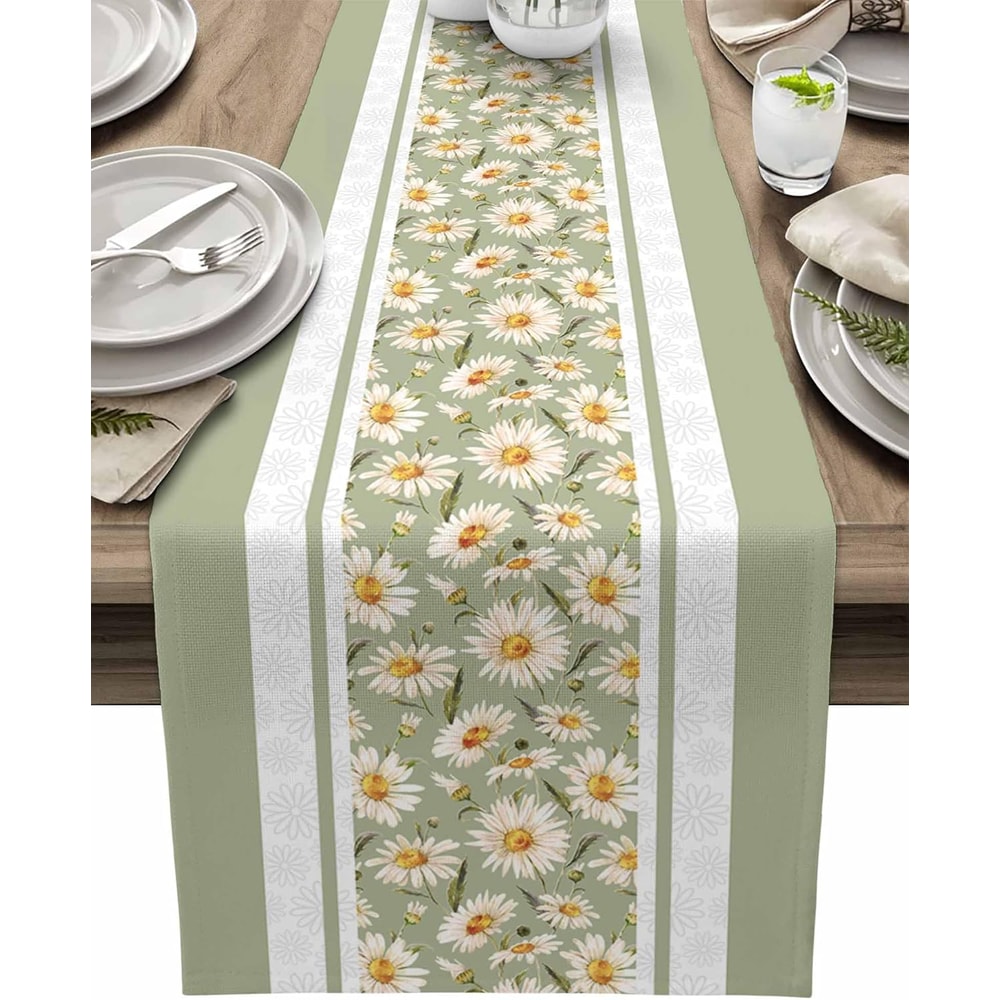 Easter Daisy Linen Table Runner For Spring Farmhouse Dining Decor 0