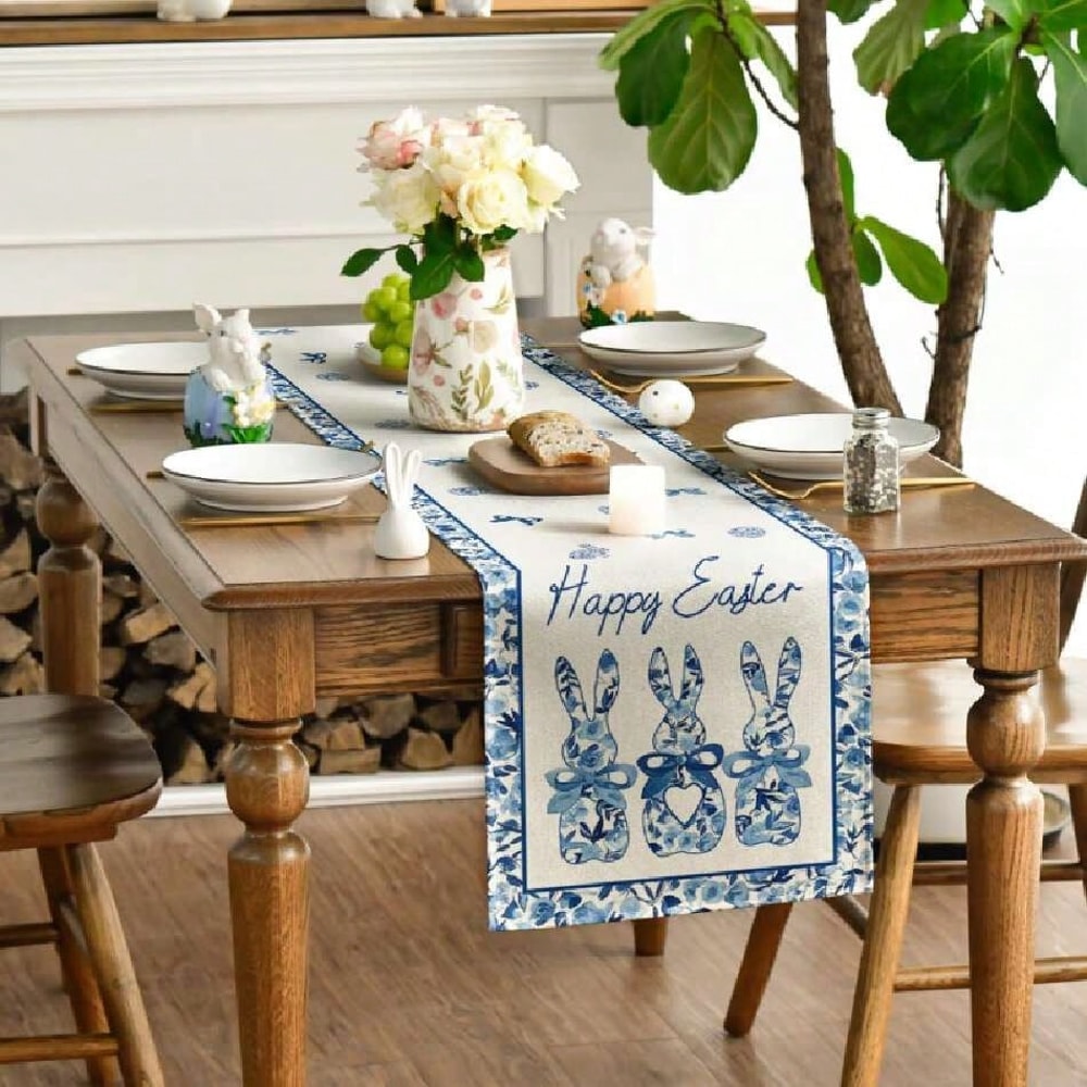 Easter Table Runner Blue Floral Bunny Linen Spring Table Decor 2