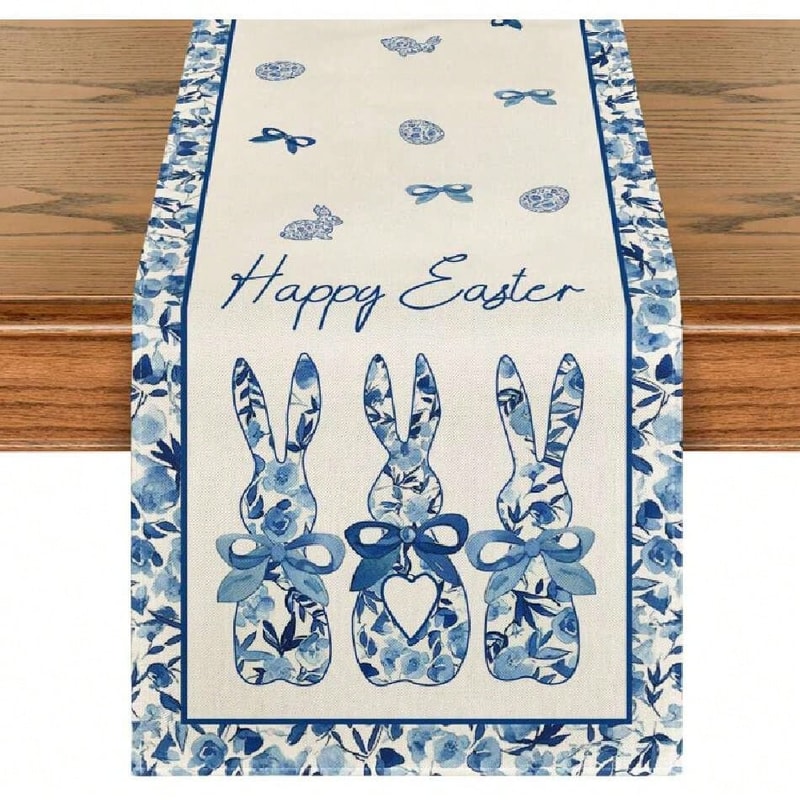 Easter Table Runner Blue Floral Bunny Linen Spring Table Decor 4