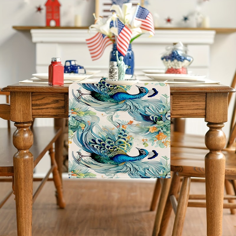 Peacock Ink Art Linen Table Runner For Elegant Chinese Dining Decor 1