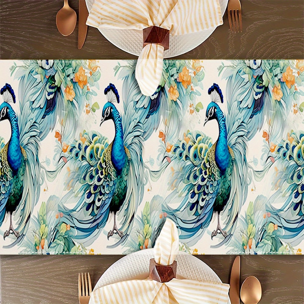 Peacock Ink Art Linen Table Runner For Elegant Chinese Dining Decor 3