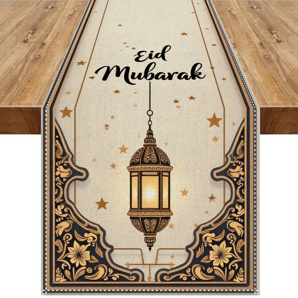 Ramadan Eid Mubarak Linen Table Runner With Gold Star Lantern Design 0
