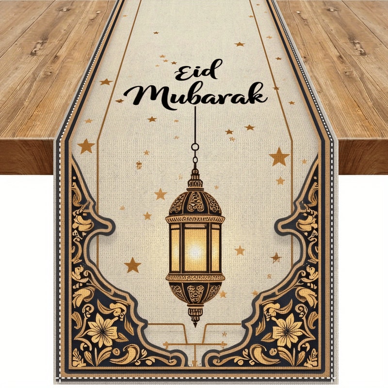 Ramadan Eid Mubarak Linen Table Runner With Gold Star Lantern Design 0