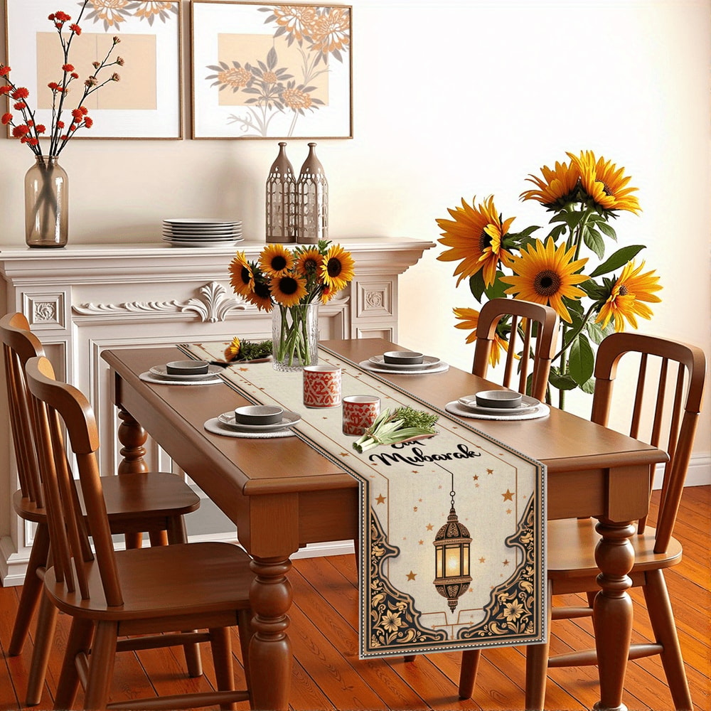 Ramadan Eid Mubarak Linen Table Runner With Gold Star Lantern Design 2