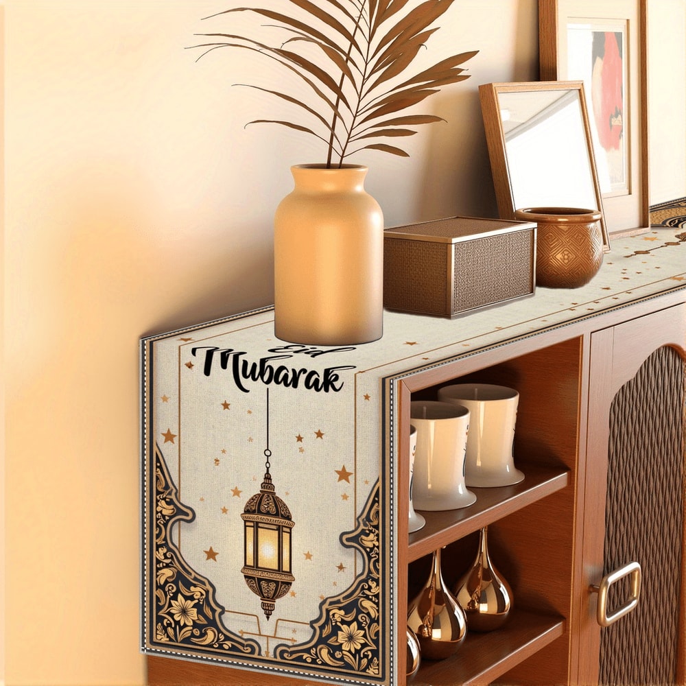 Ramadan Eid Mubarak Linen Table Runner With Gold Star Lantern Design 3