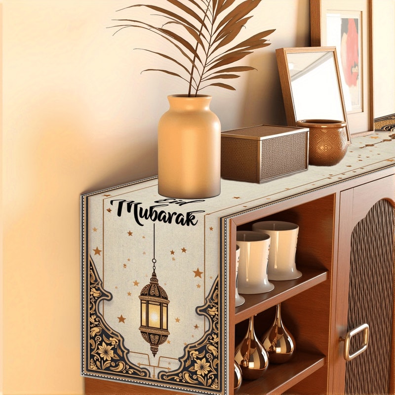 Ramadan Eid Mubarak Linen Table Runner With Gold Star Lantern Design 3