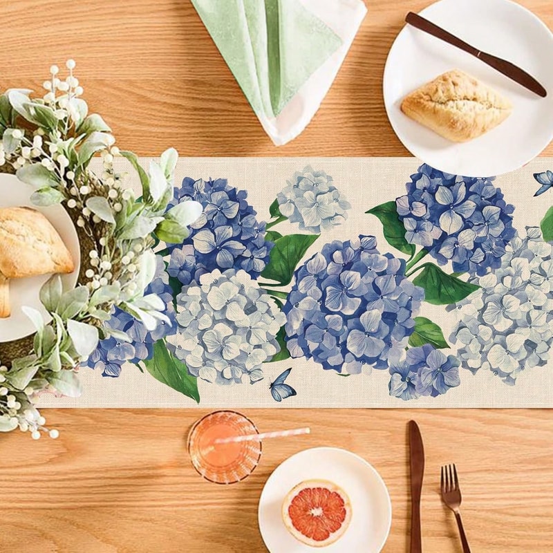 Spring Hydrangea Floral Table Runner For Kitchen Dining Decor 3