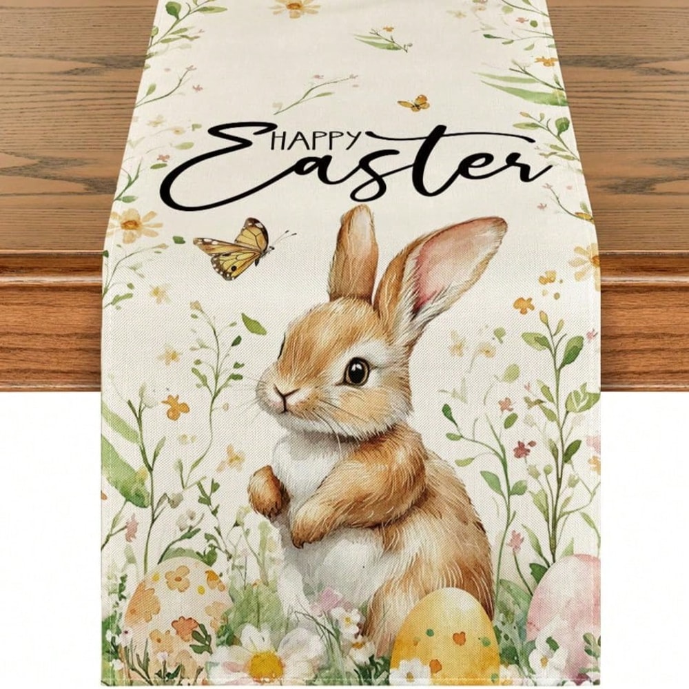 Easter Bunny Egg Table Runner Linen Style Spring Dining Decor 0