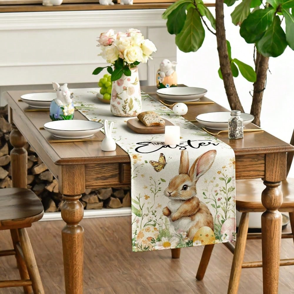 Easter Bunny Egg Table Runner Linen Style Spring Dining Decor 1