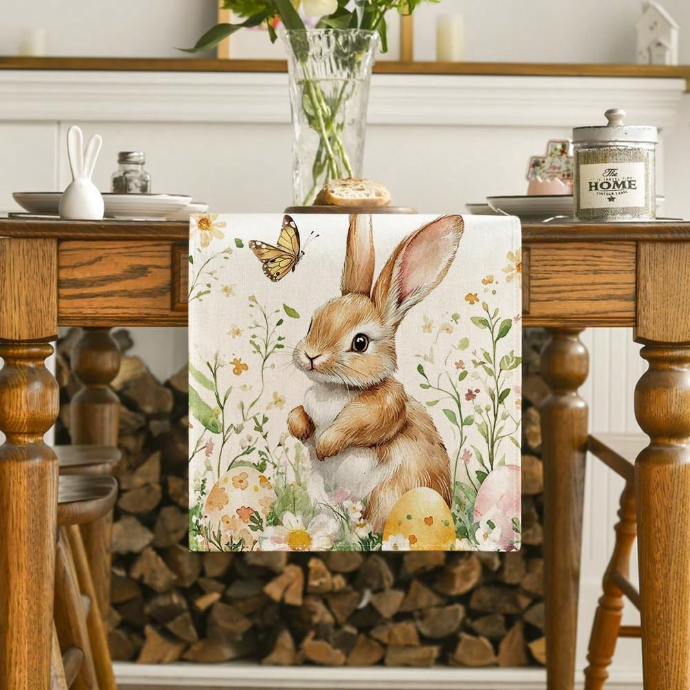 Easter Bunny Egg Table Runner Linen Style Spring Dining Decor 3