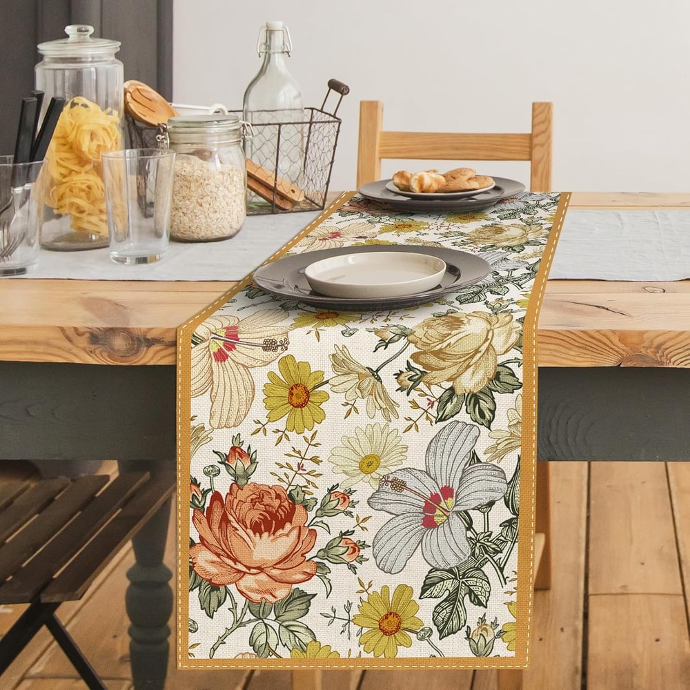 Vintage Floral Table Runner Rose Chamomile Linen Table Runner for Dining & Dresser Decor