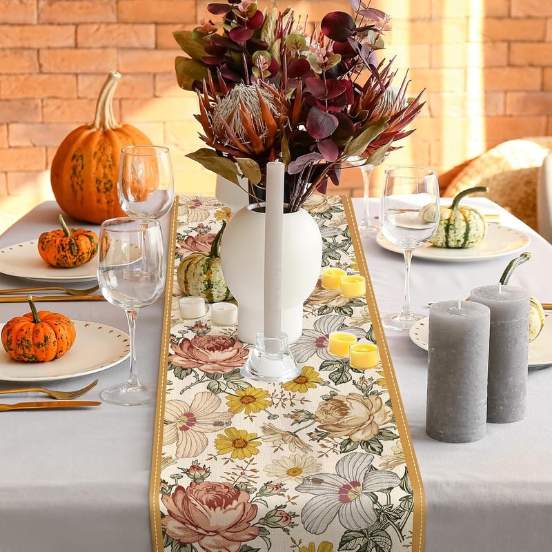 Vintage Floral Table Runner Rose Chamomile Linen Table Runner for Dining & Dresser Decor