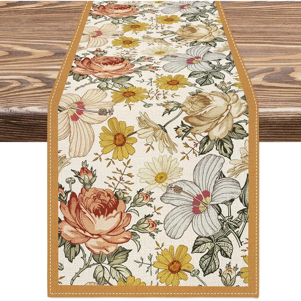 Vintage Floral Table Runner Rose Chamomile Linen Table Runner for Dining & Dresser Decor