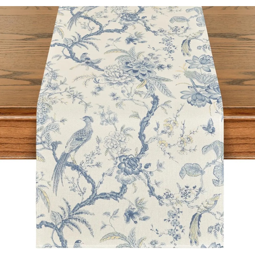 Blue Chinoiserie Table Runner With Elegant Bird Print For Dining Decor 0