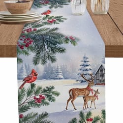 christmas reindeer table runner with birds berries and snowflakes