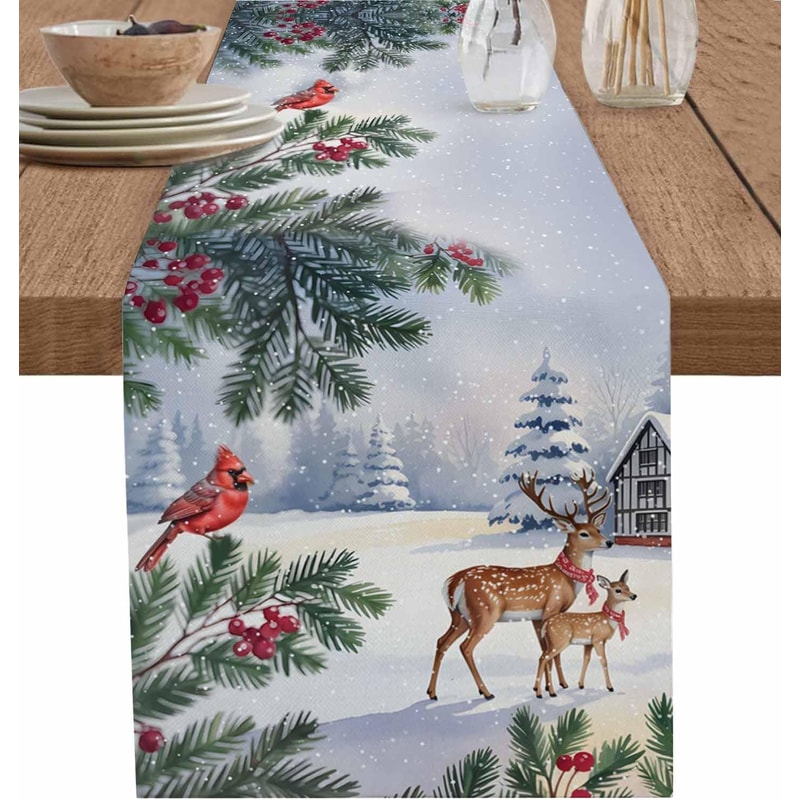 Christmas Reindeer Table Runner with Birds Berries and Snowflakes